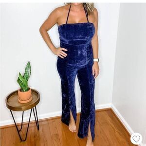 White Birch black label Navy Velvet halter flare holiday Jumpsuit